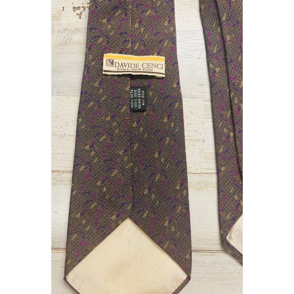 Davide Cenci Brown Purple Khaki 100% Silk Tie EUC - Picture 3 of 3